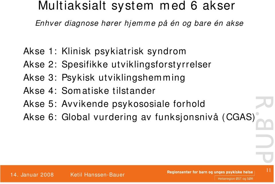 Psykisk utviklingshemming Akse 4: Somatiske tilstander Akse 5: Avvikende psykososiale