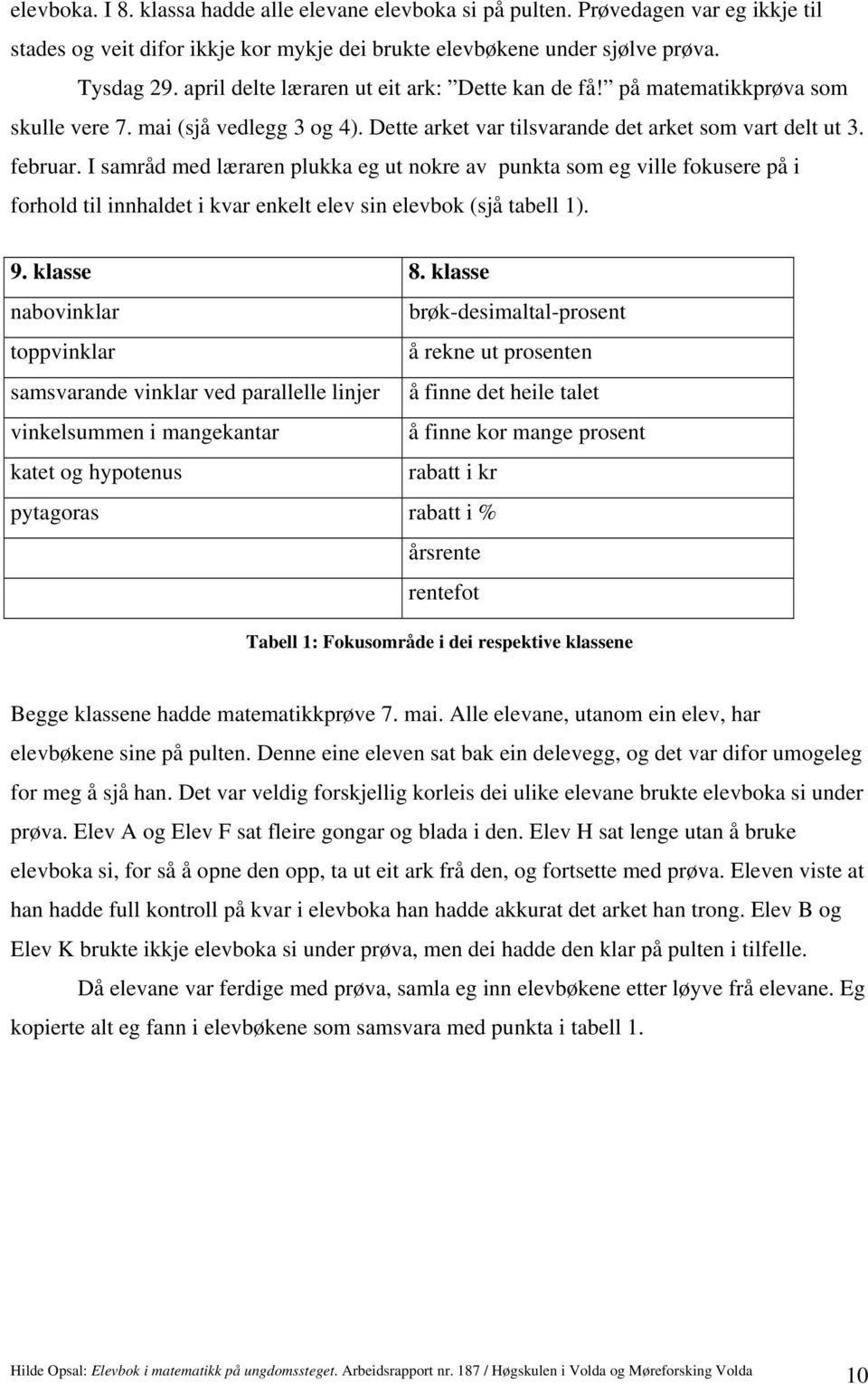 I samråd med læraren plukka eg ut nokre av punkta som eg ville fokusere på i forhold til innhaldet i kvar enkelt elev sin elevbok (sjå tabell 1). 9. klasse 8.