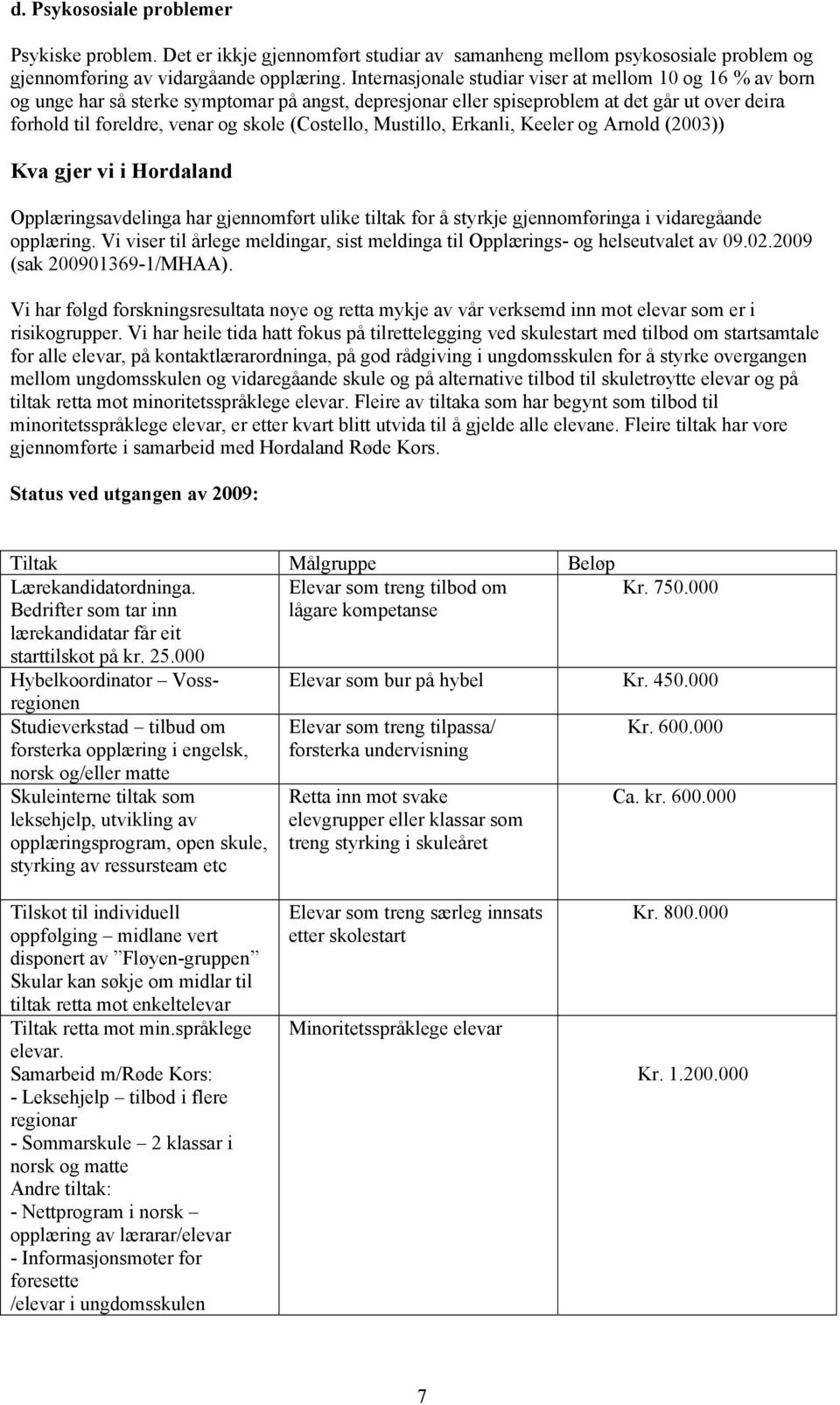 (Costello, Mustillo, Erkanli, Keeler og Arnold (2003)) Kva gjer vi i Hordaland Opplæringsavdelinga har gjennomført ulike tiltak for å styrkje gjennomføringa i vidaregåande opplæring.