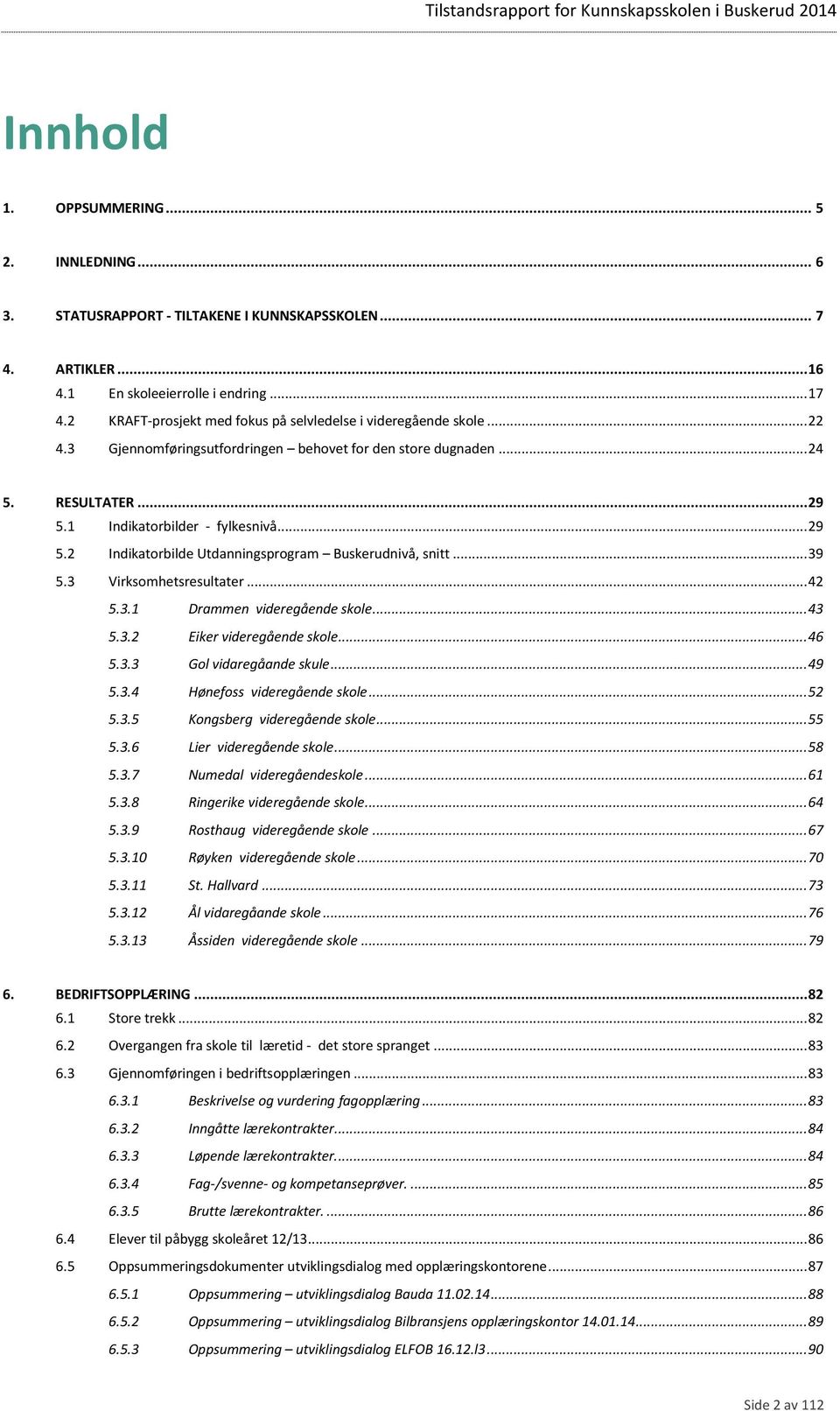 1 Indikatorbilder - fylkesnivå... 29 5.2 Indikatorbilde Utdanningsprogram Buskerudnivå, snitt... 39 5.3 Virksomhetsresultater... 42 5.3.1 Drammen videregående skole... 43 5.3.2 Eiker videregående skole.