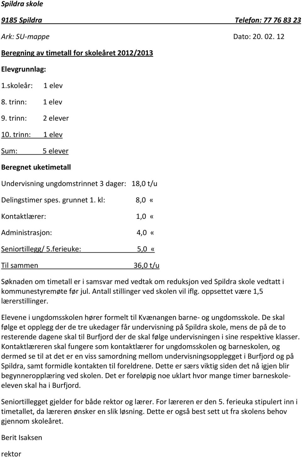 ferieuke: 5,0 «Til sammen 36,0 t/u Søknaden om timetall er i samsvar med vedtak om reduksjon ved Spildra skole vedtatt i kommunestyremøte før jul. Antall stillinger ved skolen vil iflg.