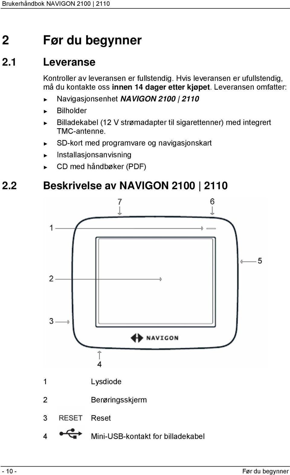 Leveransen omfatter: Navigasjonsenhet NAVIGON 2100 2110 Bilholder Billadekabel (12 V strømadapter til sigarettenner) med