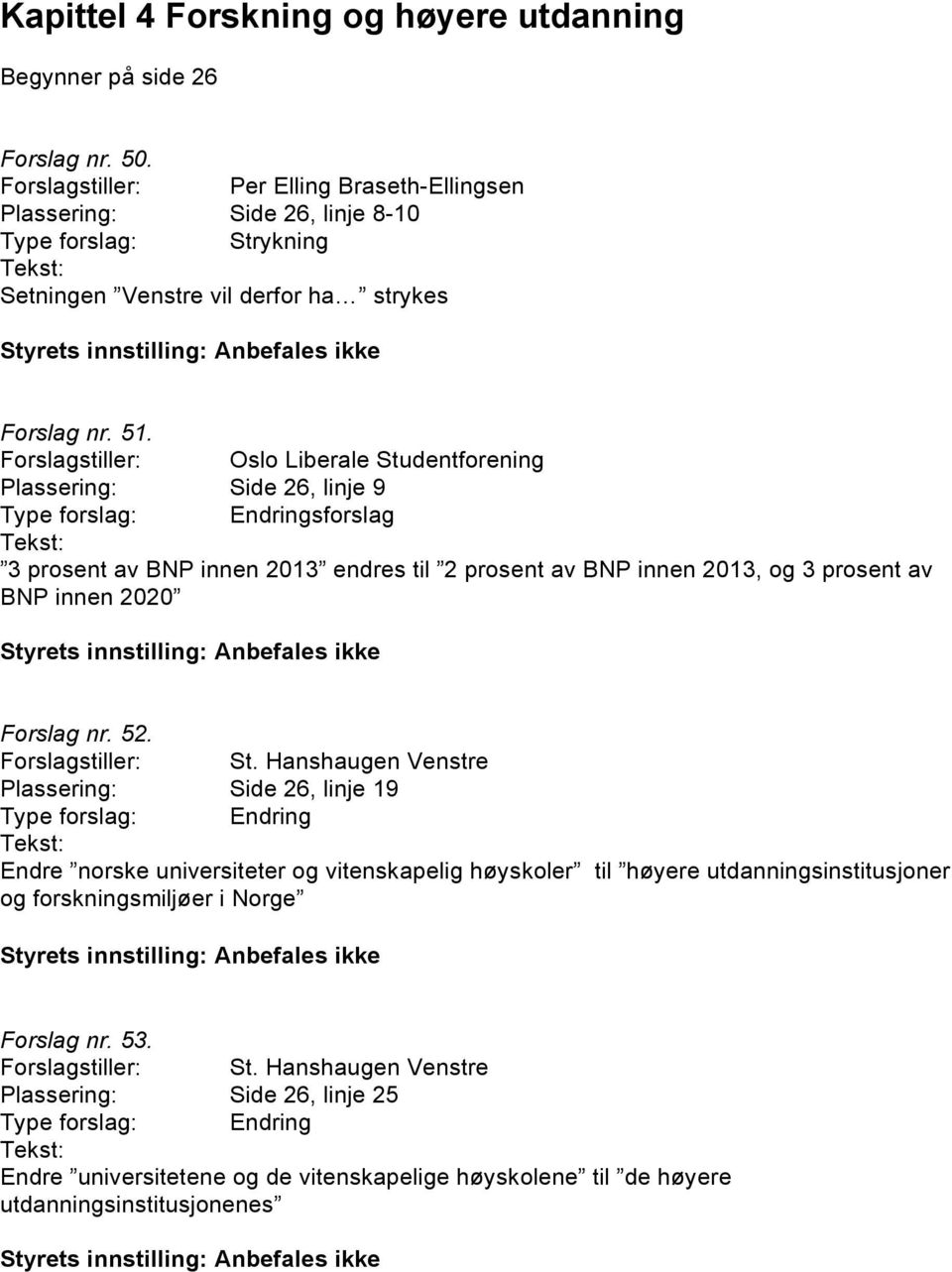 Forslagstiller: Oslo Liberale Studentforening Plassering: Side 26, linje 9 sforslag 3 prosent av BNP innen 2013 endres til 2 prosent av BNP innen 2013, og 3 prosent av BNP innen