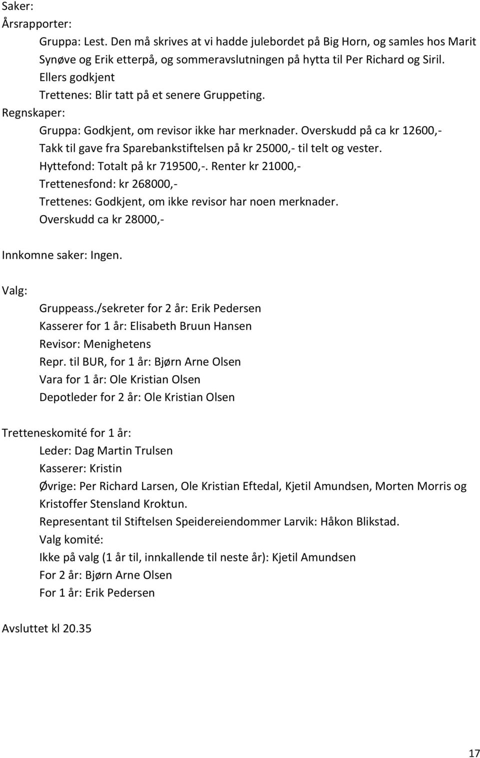 Overskudd på ca kr 12600,- Takk til gave fra Sparebankstiftelsen på kr 25000,- til telt og vester. Hyttefond: Totalt på kr 719500,-.