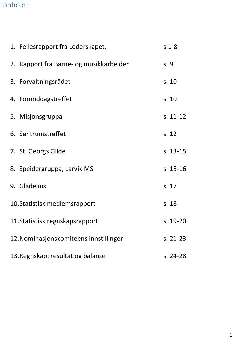 Georgs Gilde s. 13-15 8. Speidergruppa, Larvik MS s. 15-16 9. Gladelius s. 17 10. Statistisk medlemsrapport s.