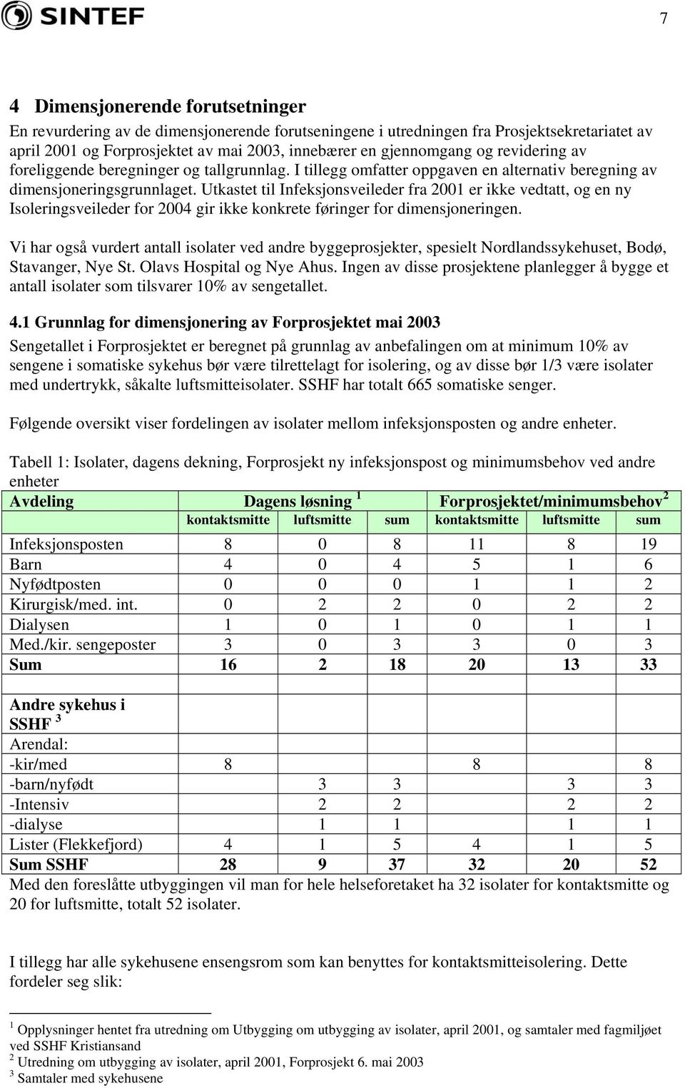 Utkastet til Infeksjonsveileder fra 2001 er ikke vedtatt, og en ny Isoleringsveileder for 2004 gir ikke konkrete føringer for dimensjoneringen.