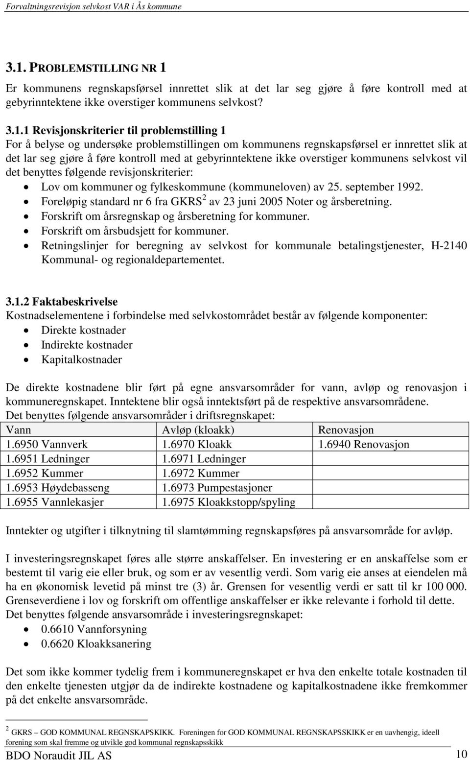 selvkost vil det benyttes følgende revisjonskriterier: Lov om kommuner og fylkeskommune (kommuneloven) av 25. september 1992. Foreløpig standard nr 6 fra GKRS 2 av 23 juni 2005 Noter og årsberetning.