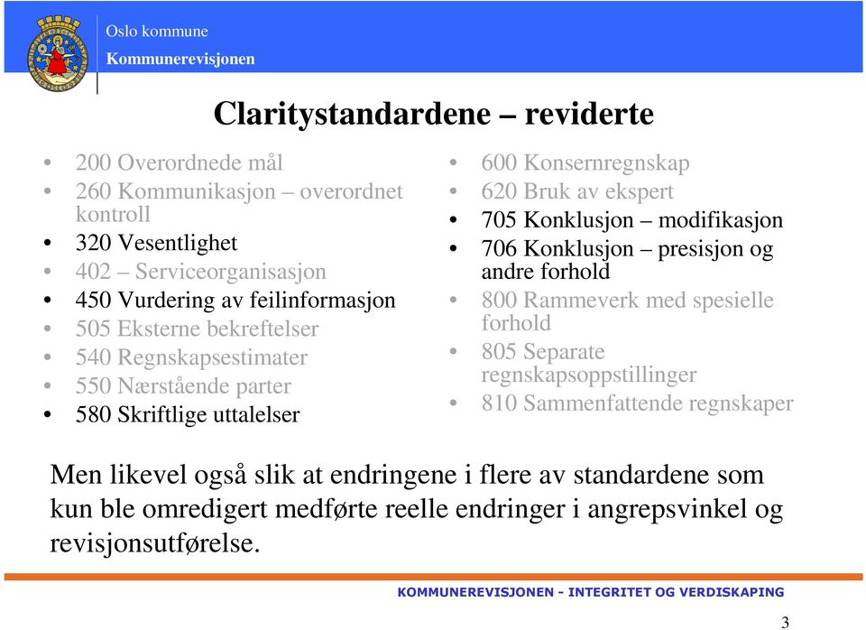 705 Konklusjon modifikasjon 706 Konklusjon presisjon og andre forhold 800 Rammeverk med spesielle forhold 805 Separate regnskapsoppstillinger 810