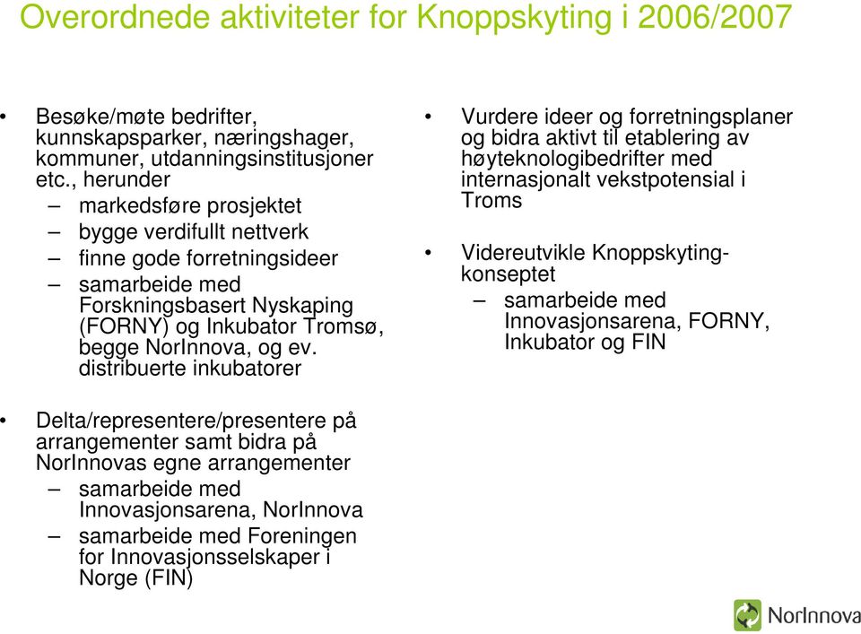 distribuerte inkubatorer Vurdere ideer og forretningsplaner og bidra aktivt til etablering av høyteknologibedrifter med internasjonalt vekstpotensial i Troms Videreutvikle Knoppskytingkonseptet