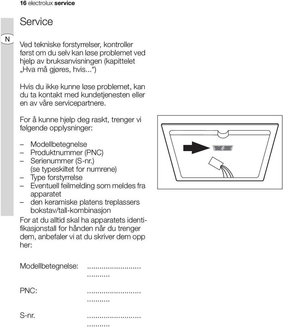 For å kunne hjelp deg raskt, trenger vi følgende opplysninger: Modellbetegnelse Produktnummer (PNC) Serienummer (S-nr.