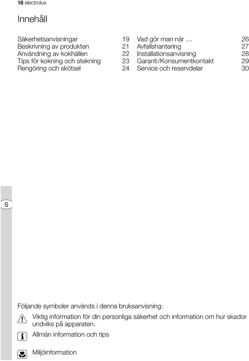 Garanti/Konsumentkontakt 29 Service och reservdelar 30 Följande symboler används i denna bruksanvisning: 1 Viktig