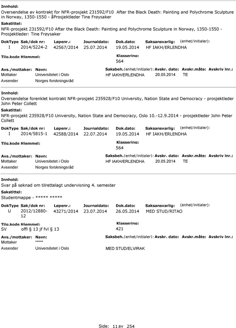 dato: Avskr.måte: Avskriv lnr.: Mottaker niversitetet i Oslo HF AKH/ERLENDHA 20.05.