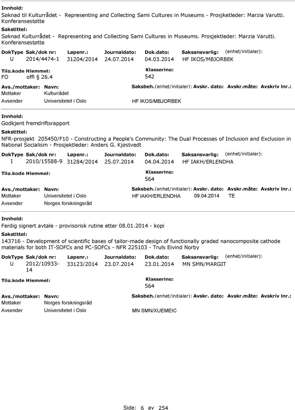 2014 HF KOS/MBJORBEK FO offl 26.4 542 Avs./mottaker: Navn: Saksbeh. Avskr. dato: Avskr.måte: Avskriv lnr.