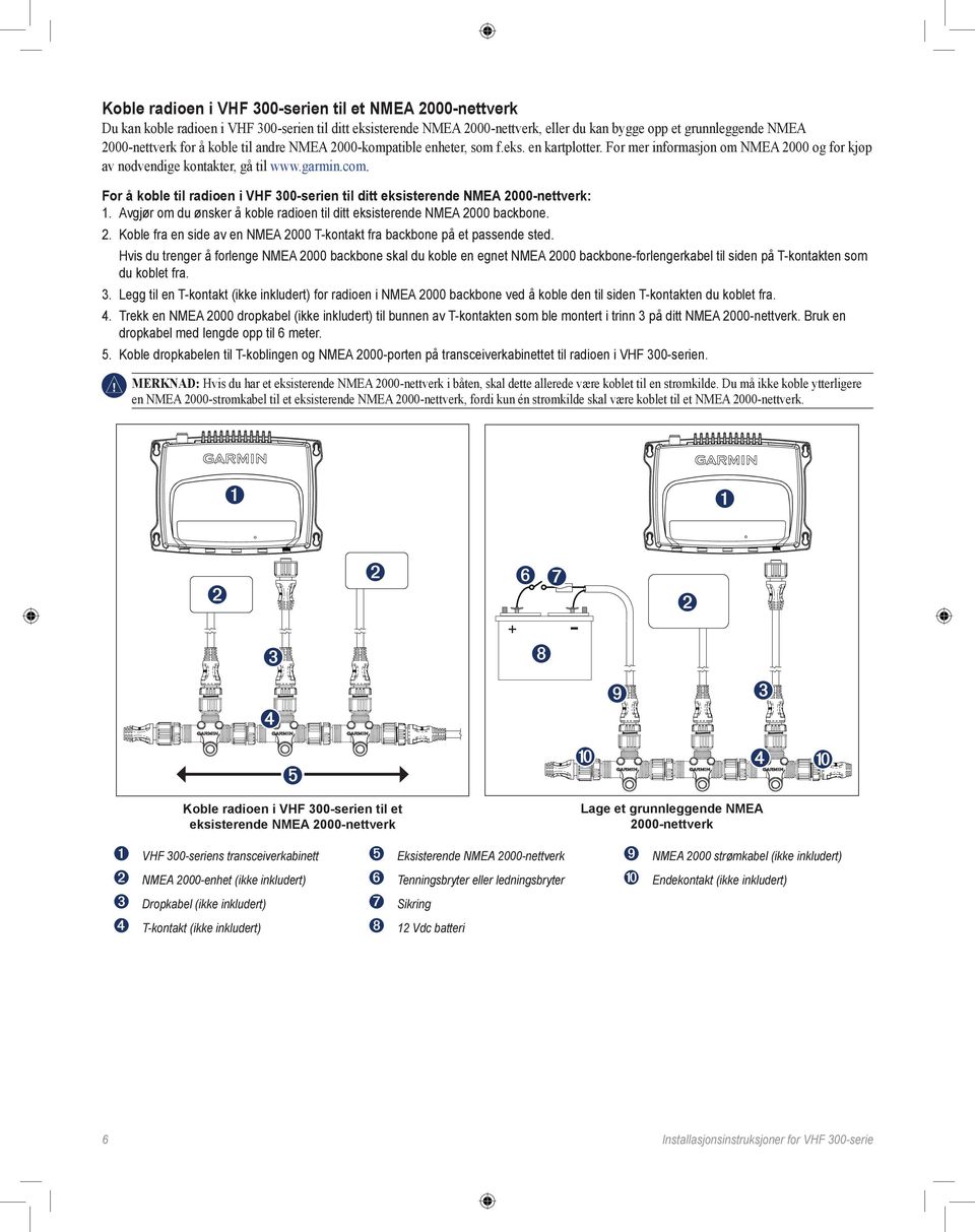 For å koble til radioen i VHF 300-serien til ditt eksisterende NMEA 2000-nettverk: 1. Avgjør om du ønsker å koble radioen til ditt eksisterende NMEA 2000 backbone. 2. Koble fra en side av en NMEA 2000 T-kontakt fra backbone på et passende sted.