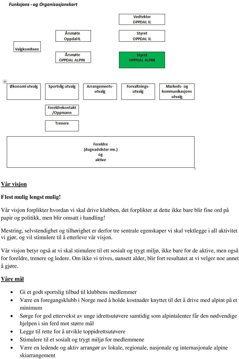 Vår visjon betyr også at vi skal stimulere til ett sosialt og trygt miljø, ikke bare for de aktive, men også for foreldre, trenere og ledere.