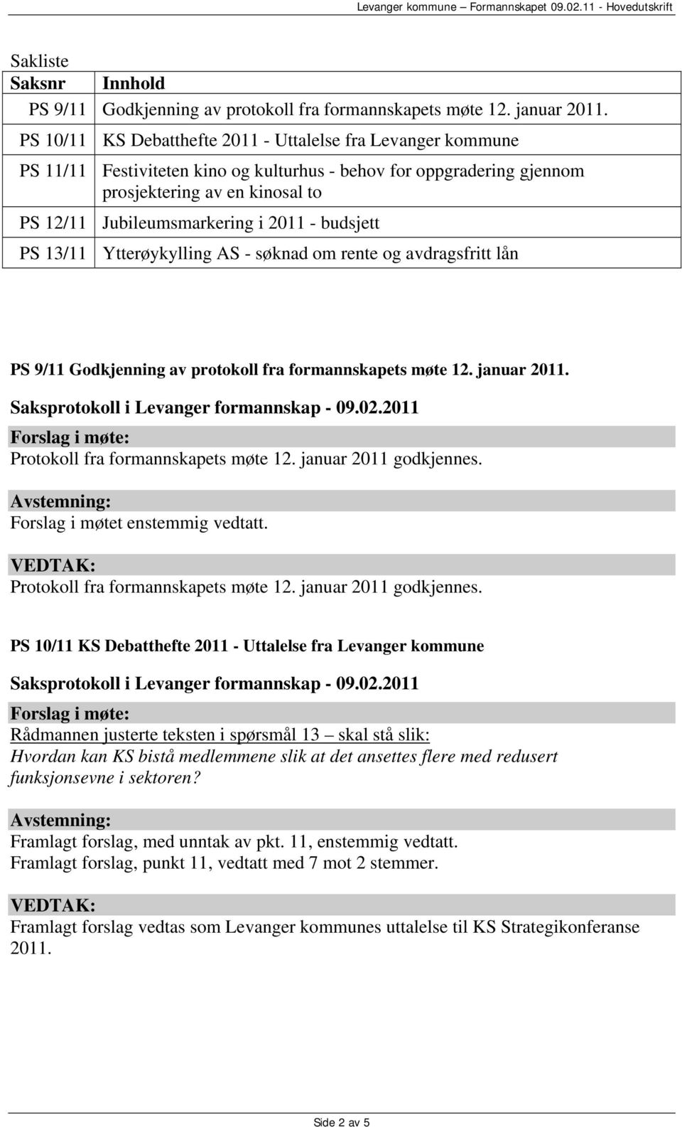 2011 - budsjett PS 13/11 Ytterøykylling AS - søknad om rente og avdragsfritt lån PS 9/11 Godkjenning av protokoll fra formannskapets møte 12. januar 2011. Protokoll fra formannskapets møte 12.