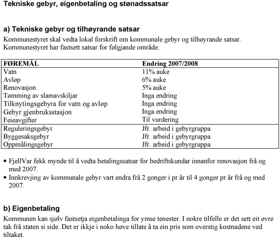 avløp Inga endring Gebyr gjenbruksstasjon Inga endring Feieavgifter Til vurdering Reguleringsgebyr Byggesaksgebyr Oppmålingsgebyr Jfr. arbeid i gebyrgruppa Jfr.