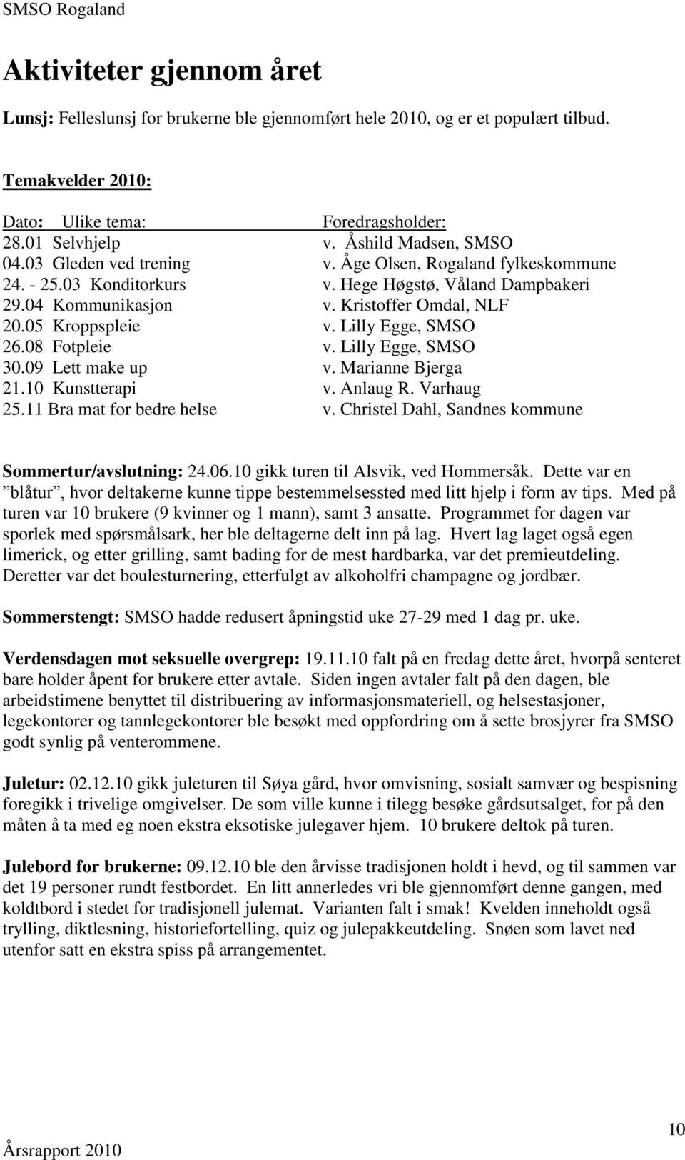 05 Kroppspleie v. Lilly Egge, SMSO 26.08 Fotpleie v. Lilly Egge, SMSO 30.09 Lett make up v. Marianne Bjerga 21.10 Kunstterapi v. Anlaug R. Varhaug 25.11 Bra mat for bedre helse v.