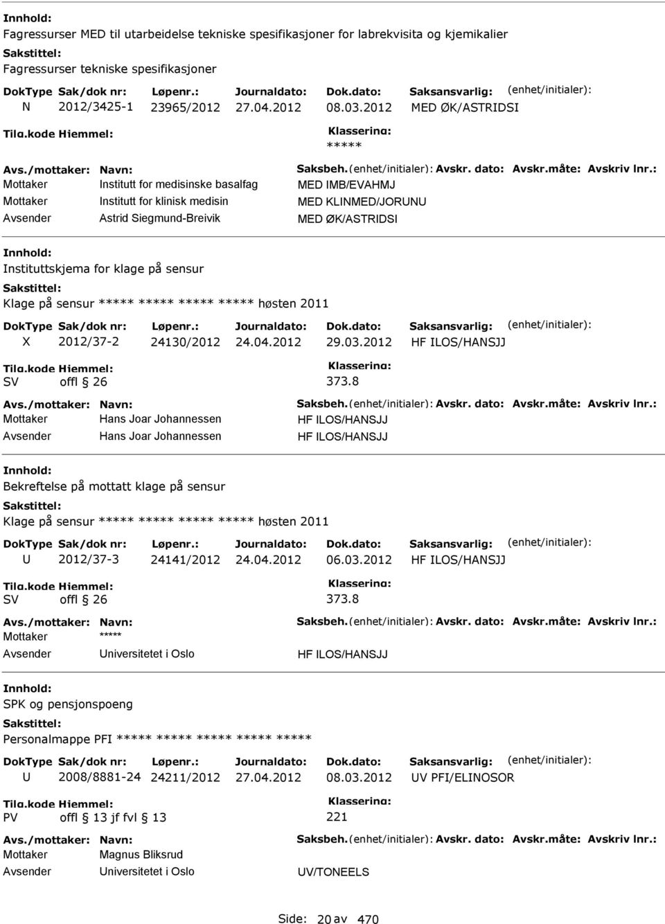 : Mottaker nstitutt for medisinske basalfag MED MB/EVAHMJ Mottaker nstitutt for klinisk medisin MED KLNMED/JORN Astrid Siegmund-Breivik MED ØK/ASTRDS nstituttskjema for klage på sensur Klage på