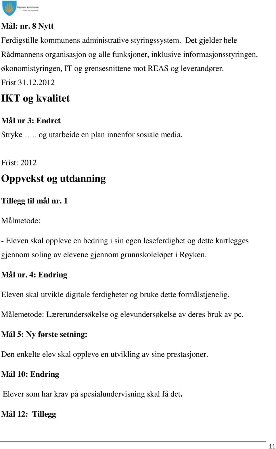 2012 IKT og kvalitet Mål nr 3: Endret Stryke.. og utarbeide en plan innenfor sosiale media. Frist: 2012 Oppvekst og utdanning Tillegg til mål nr.