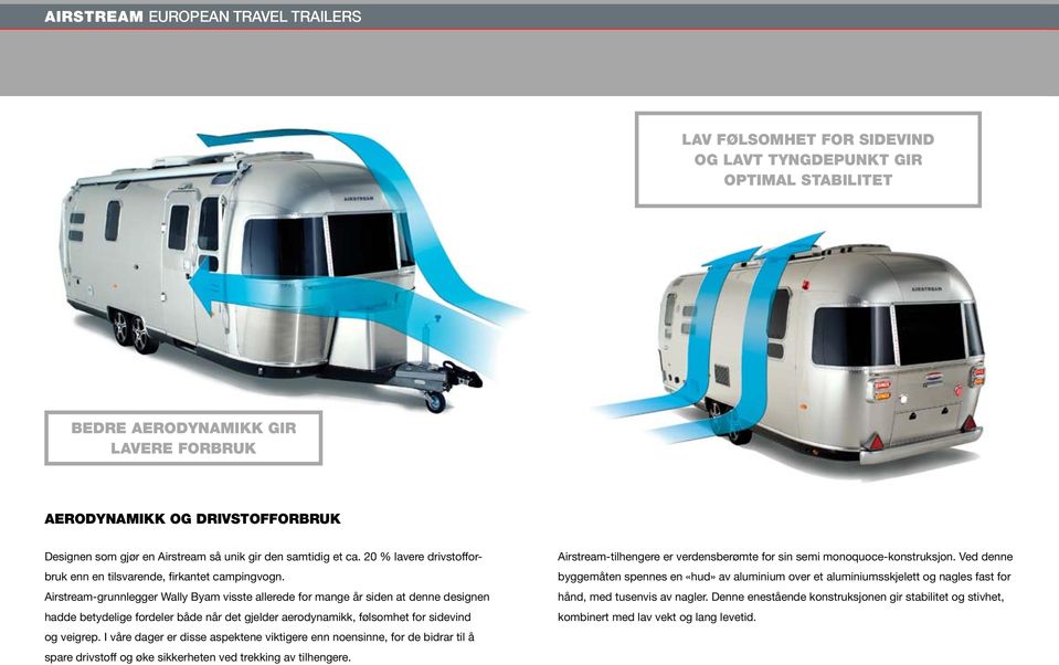 Airstream-grunnlegger Wally Byam visste allerede for mange år siden at denne designen hadde betydelige fordeler både når det gjelder aerodynamikk, følsomhet for sidevind og veigrep.