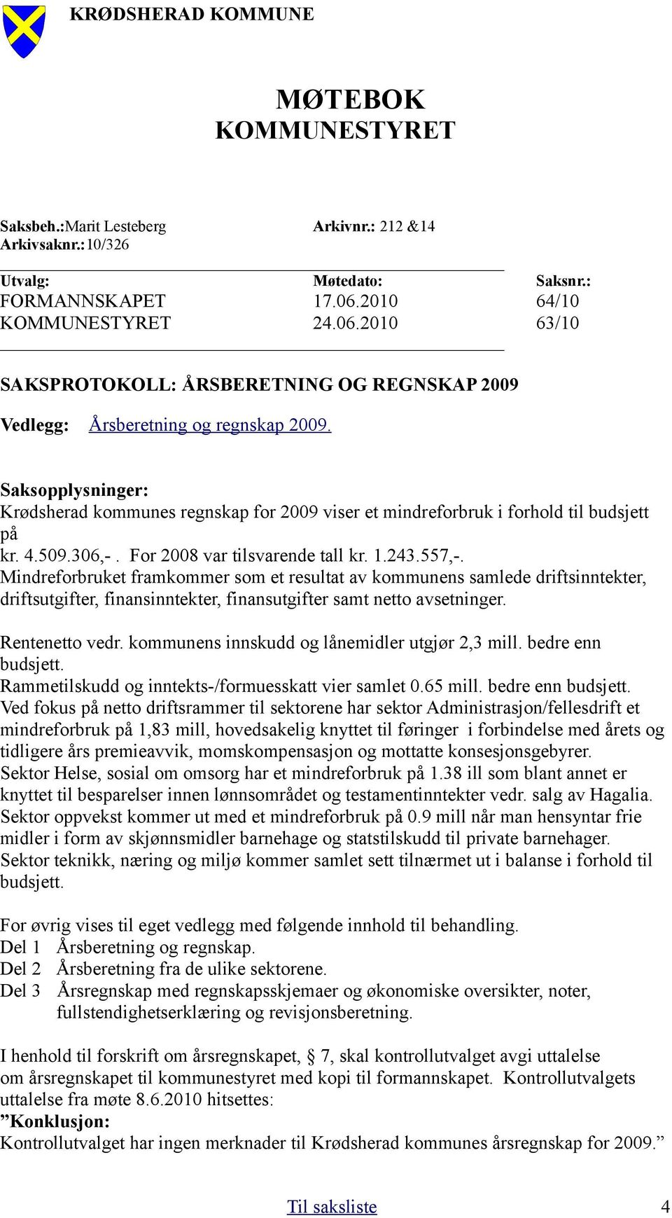 Saksopplysninger: Krødsherad kommunes regnskap for 2009 viser et mindreforbruk i forhold til budsjett på kr. 4.509.306,-. For 2008 var tilsvarende tall kr. 1.243.557,-.