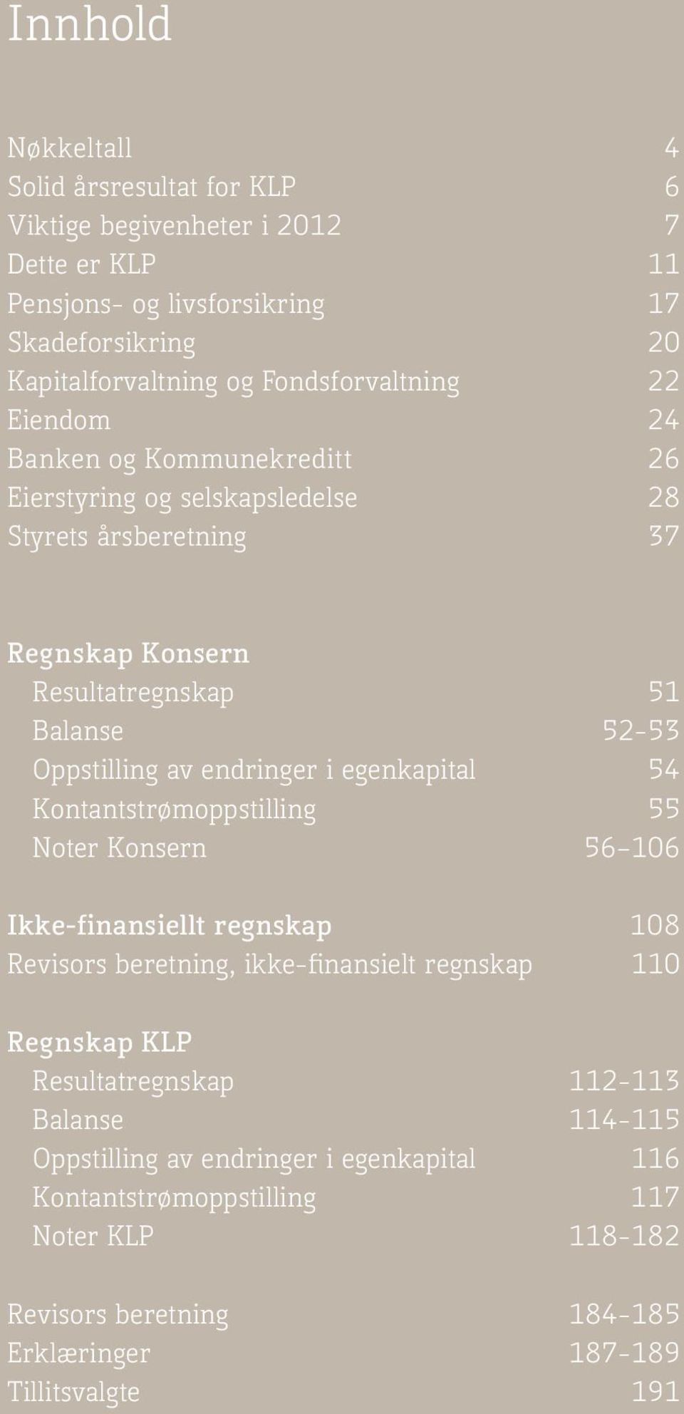 av endringer i egenkapital 54 Kontantstrømoppstilling 55 Noter Konsern 56 106 Ikke-finansiellt regnskap 108 Revisors beretning, ikke-finansielt regnskap 110 Regnskap KLP