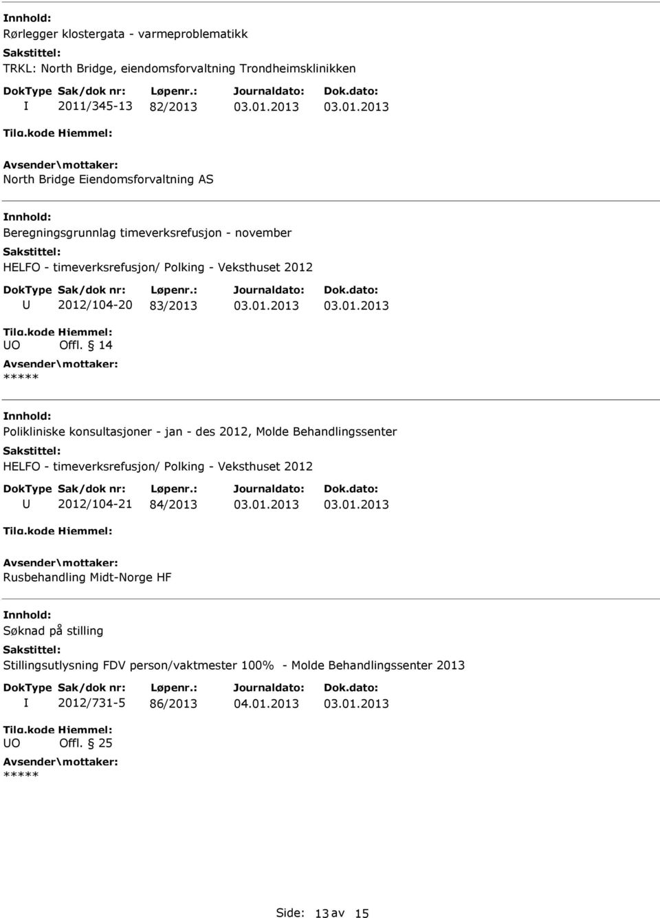 14 Polikliniske konsultasjoner - jan - des 2012, Molde Behandlingssenter HELFO - timeverksrefusjon/ Polking - Veksthuset 2012 2012/104-21 84/2013