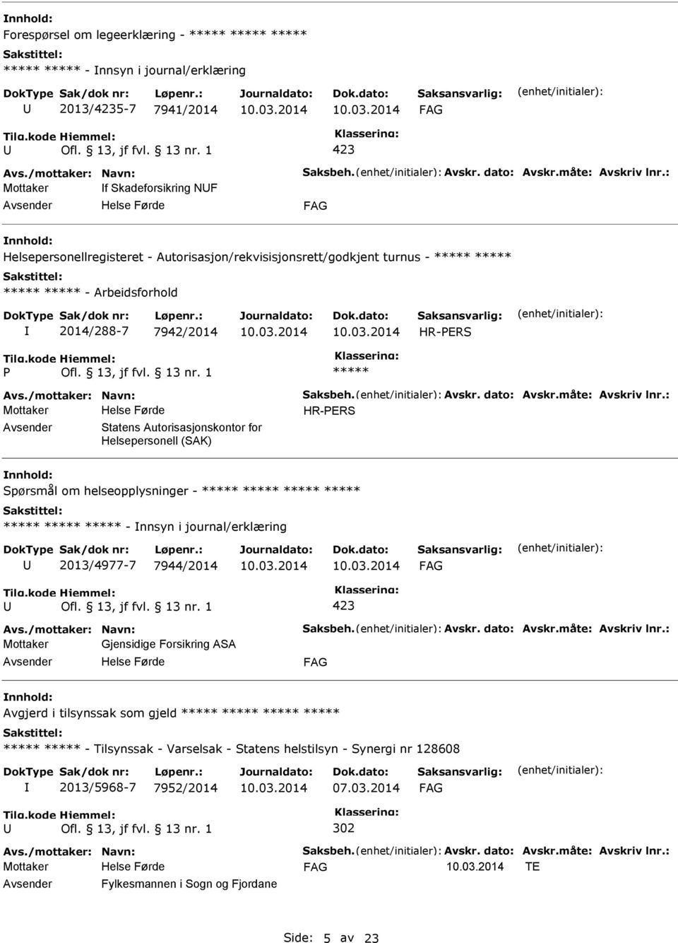 dato: Avskr.måte: Avskriv lnr.: HR-ERS Statens Autorisasjonskontor for Helsepersonell (SAK) Spørsmål om helseopplysninger - - nnsyn i journal/erklæring 2013/4977-7 7944/2014 Avs.