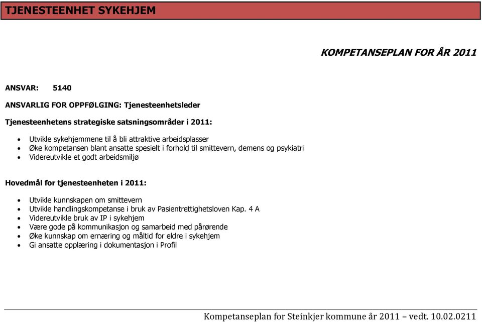 arbeidsmiljø Hovedmål for tjenesteenheten i 2011: Utvikle kunnskapen om smittevern Utvikle handlingskompetanse i bruk av Pasientrettighetsloven Kap.