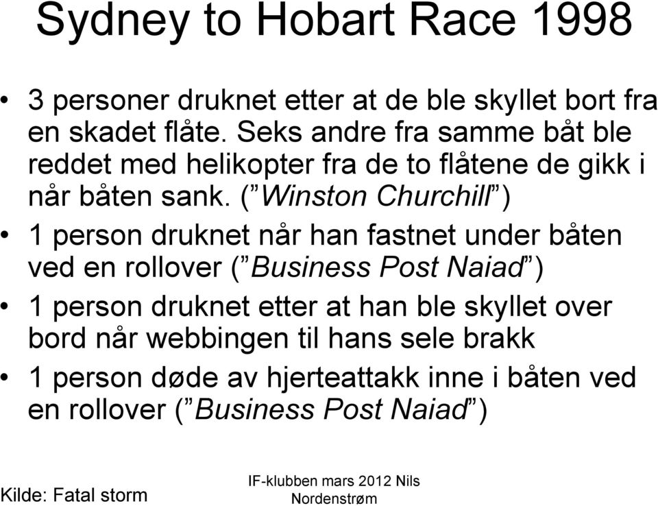 ( Winston Churchill ) 1 person druknet når han fastnet under båten ved en rollover ( Business Post Naiad ) 1 person