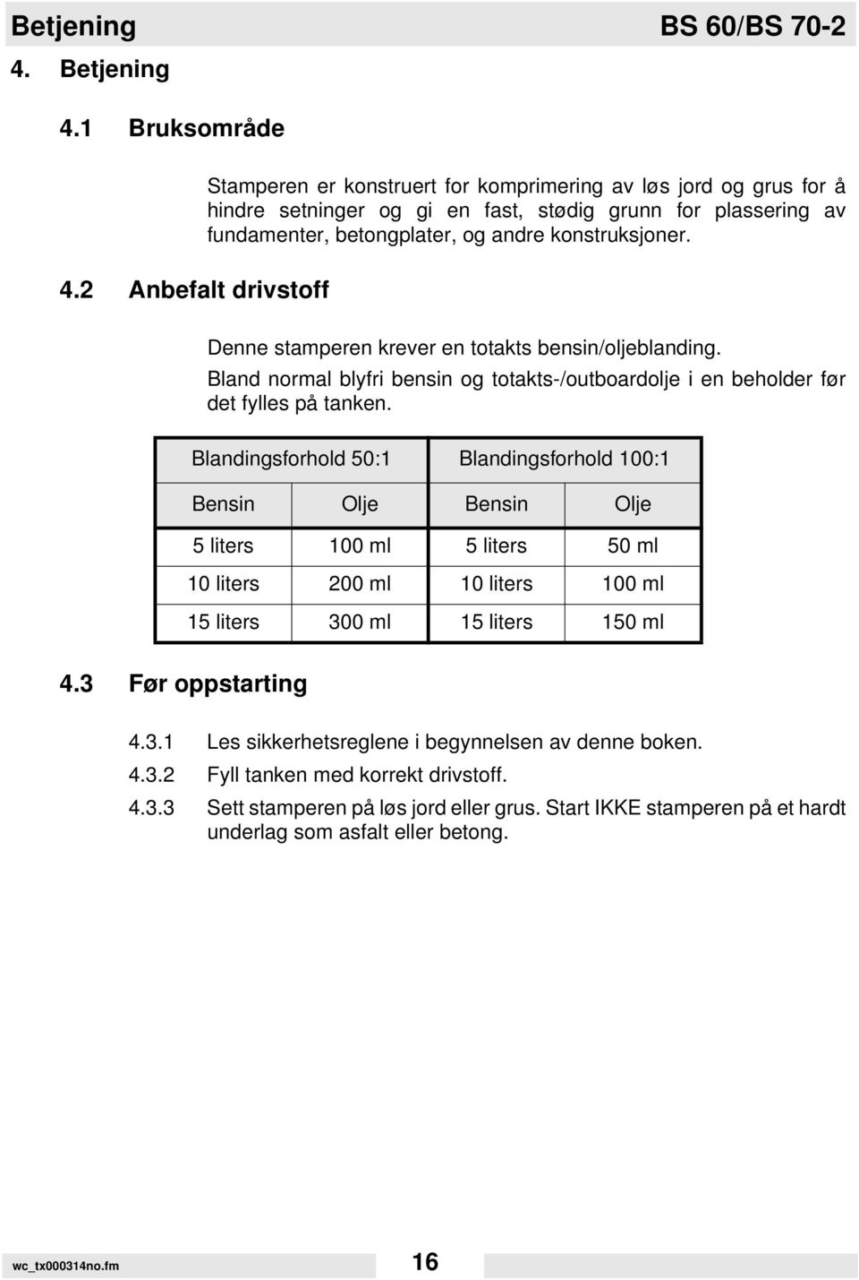 konstruksjoner. Denne stamperen krever en totakts bensin/oljeblanding. Bland normal blyfri bensin og totakts-/outboardolje i en beholder før det fylles på tanken.