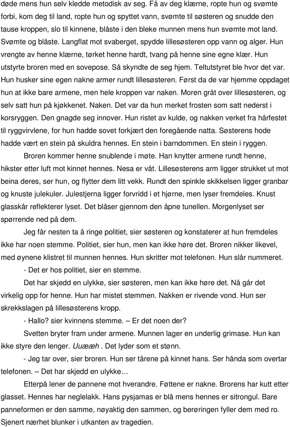 mot land. Svømte og blåste. Langflat mot svaberget, spydde lillesøsteren opp vann og alger. Hun vrengte av henne klærne, tørket henne hardt, tvang på henne sine egne klær.