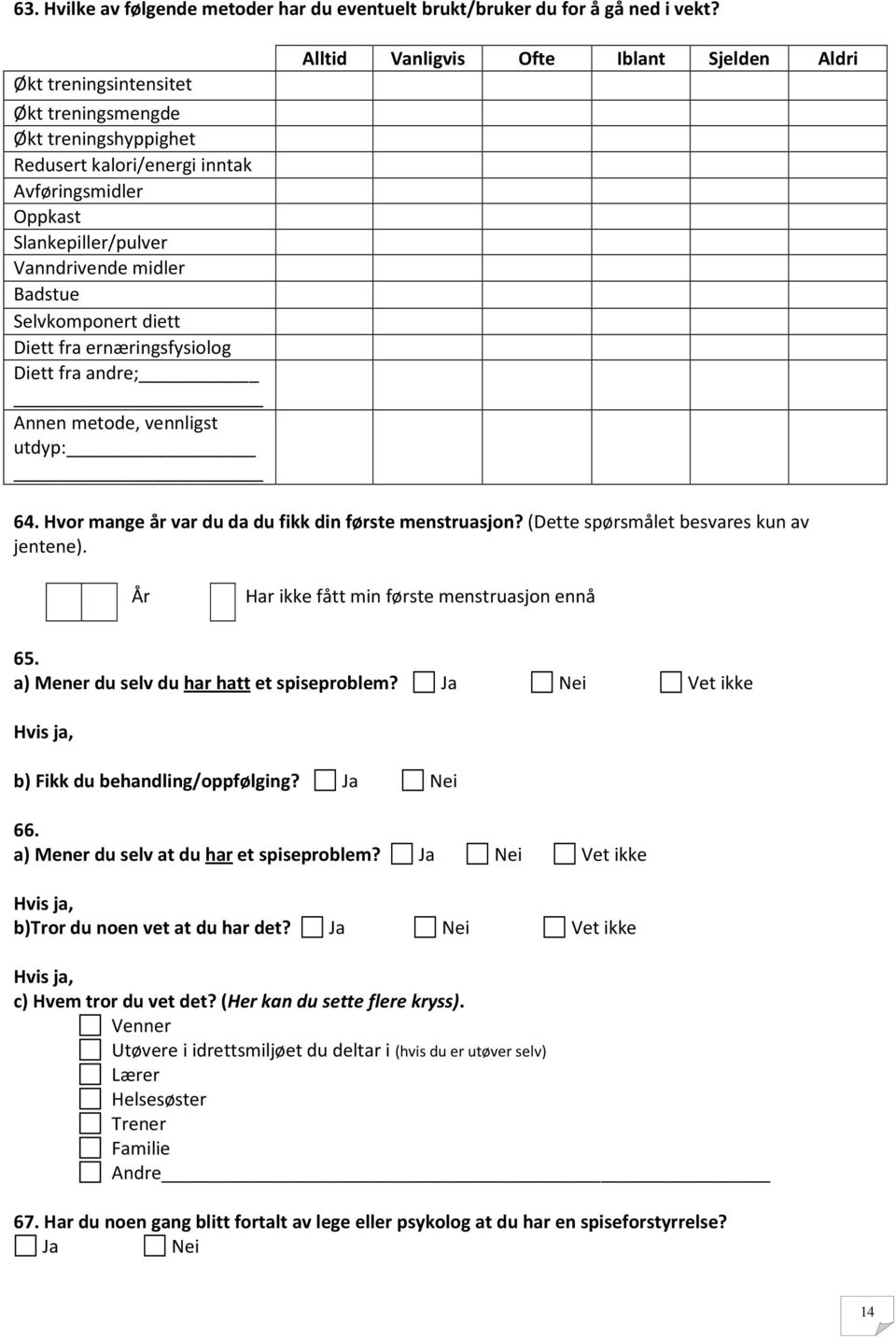 ernæringsfysiolog Diett fra andre; Annen metode, vennligst utdyp: Alltid Vanligvis Ofte Iblant Sjelden 64. Hvor mange år var du da du fikk din første menstruasjon?