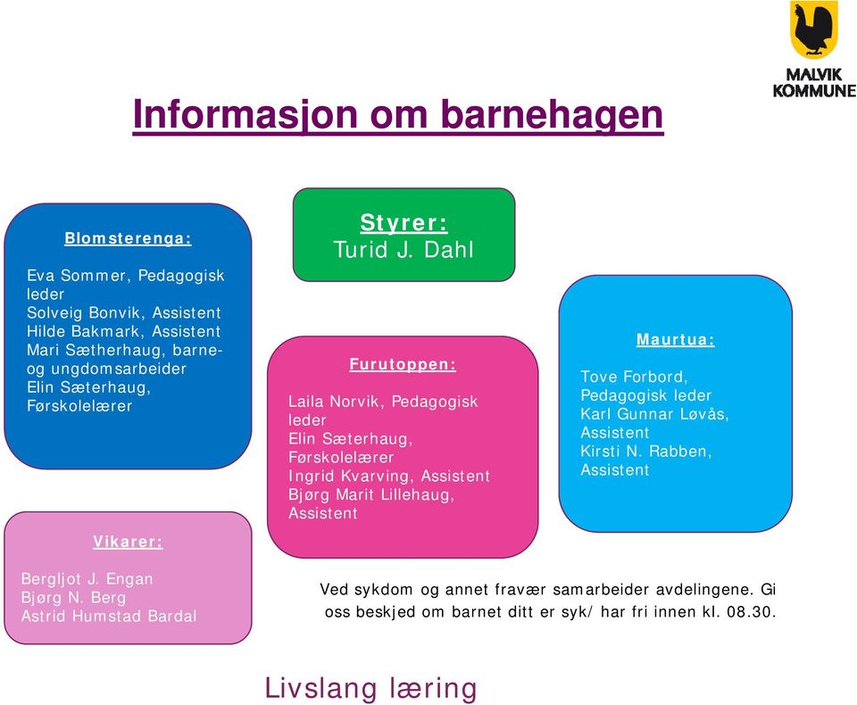 Dahl Furutoppen: Laila Norvik, Pedagogisk leder Elin Sæterhaug, Førskolelærer Ingrid Kvarving, Assistent Bjørg Marit Lillehaug, Assistent Maurtua: Tove