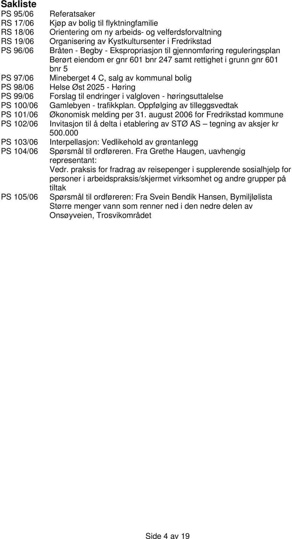 samt rettighet i grunn gnr 601 bnr 5 Mineberget 4 C, salg av kommunal bolig Helse Øst 2025 - Høring Forslag til endringer i valgloven - høringsuttalelse Gamlebyen - trafikkplan.