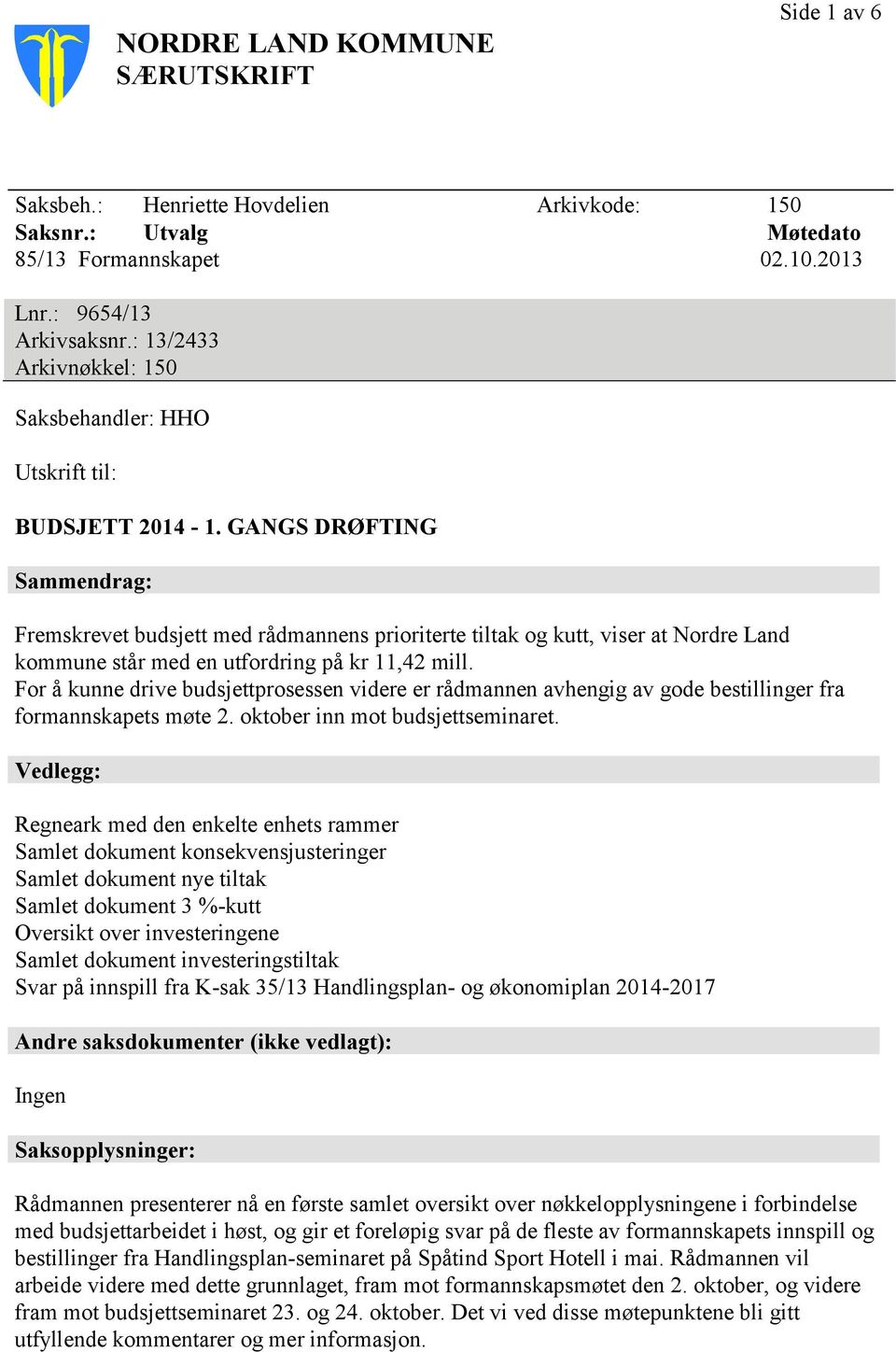 GANGS DRØFTING Sammendrag: Fremskrevet budsjett med rådmannens prioriterte tiltak og kutt, viser at Nordre Land kommune står med en utfordring på kr 11,42 mill.