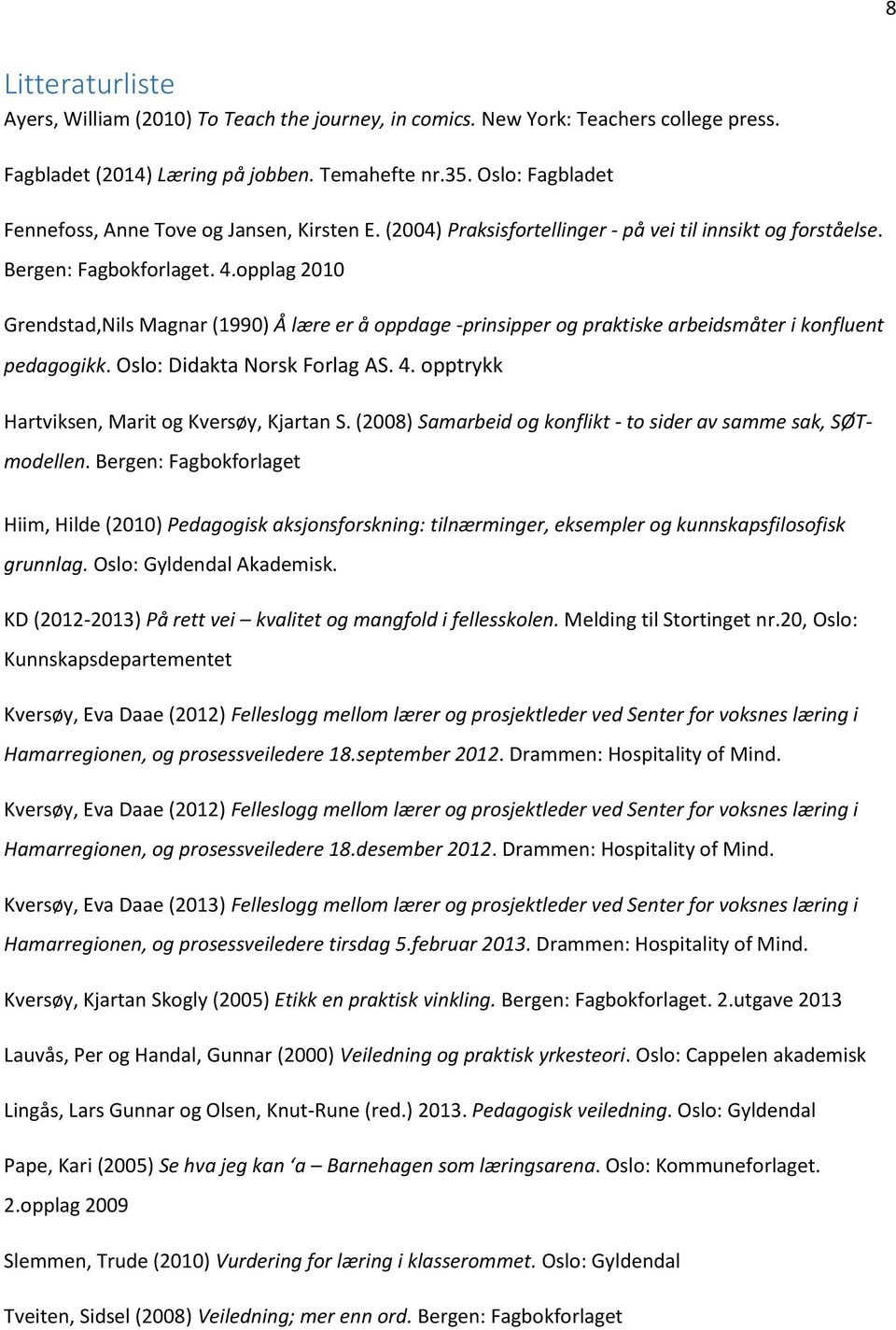 opplag 2010 Grendstad,Nils Magnar (1990) Å lære er å oppdage -prinsipper og praktiske arbeidsmåter i konfluent pedagogikk. Oslo: Didakta Norsk Forlag AS. 4.