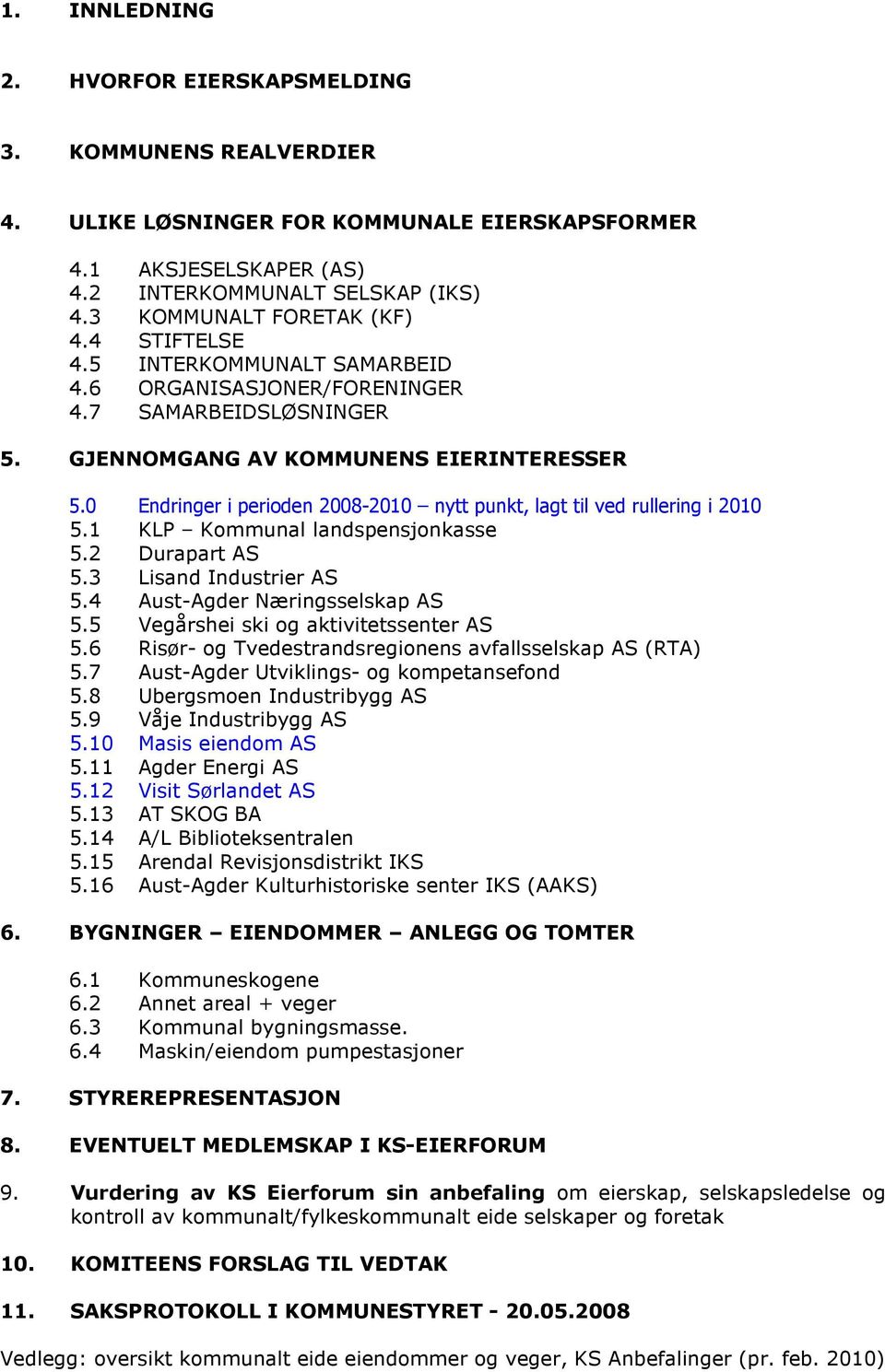 0 Endringer i perioden 2008-2010 nytt punkt, lagt til ved rullering i 2010 5.1 KLP Kommunal landspensjonkasse 5.2 Durapart AS 5.3 Lisand Industrier AS 5.4 Aust-Agder Næringsselskap AS 5.