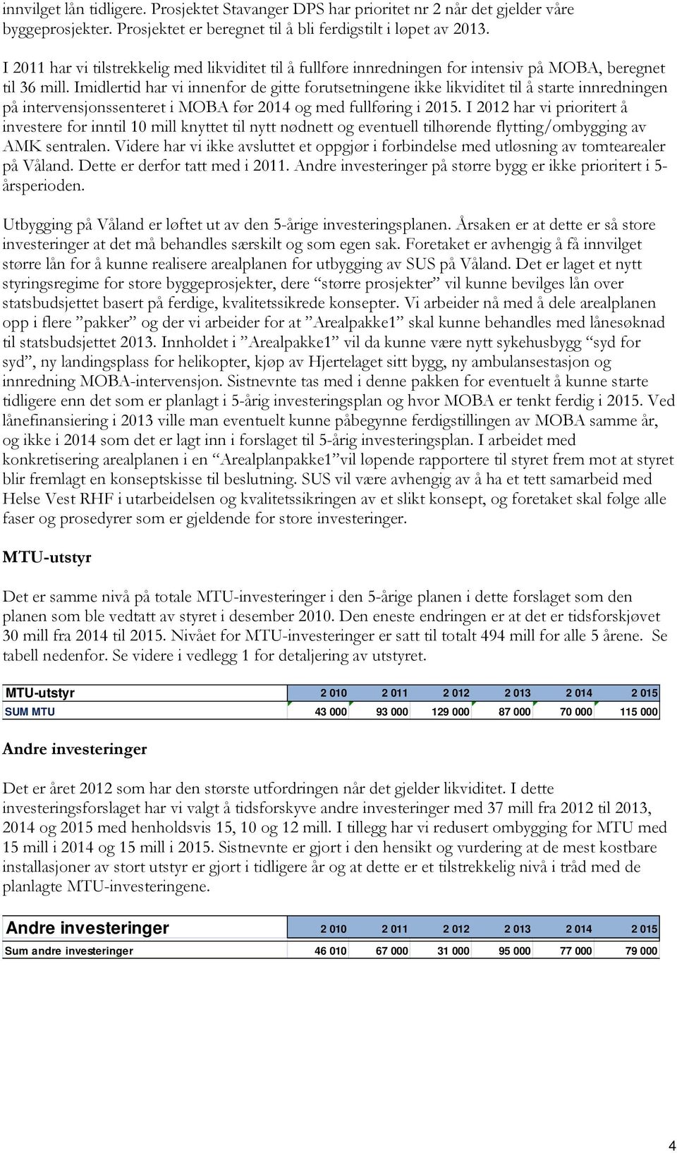 Imidlertid har vi innenfor de gitte forutsetningene ikke likviditet til å starte innredningen på intervensjonssenteret i MOBA før 2014 og med fullføring i 2015.