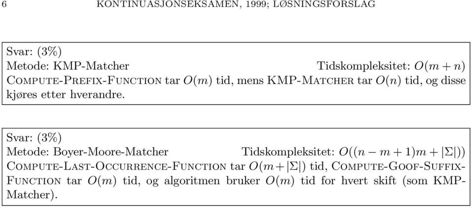 Metode: Boyer-Moore-Matcher Tidskompleksitet: O((n m + 1)m + Σ )) Compute-Last-Occurrence-Function tar