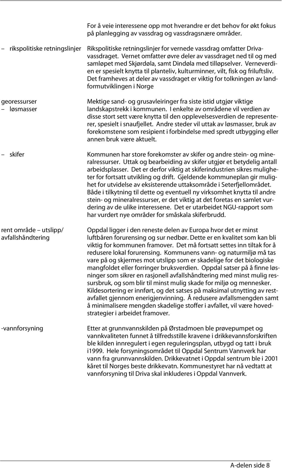 Vernet omfatter øvre deler av vassdraget ned til og med samløpet med Skjørdøla, samt Dindøla med tilløpselver. Verneverdien er spesielt knytta til planteliv, kulturminner, vilt, fisk og friluftsliv.