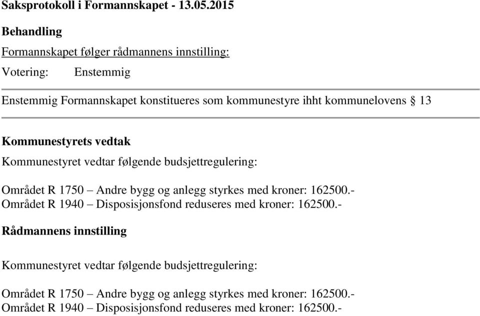 kommunelovens 13 Kommunestyrets vedtak Kommunestyret vedtar følgende budsjettregulering: Området R 1750 Andre bygg og anlegg styrkes med kroner: