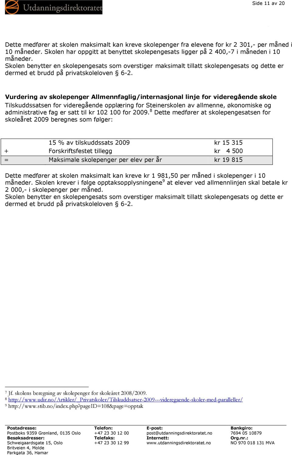 Skolen benytter en skolepengesats som overstiger maksimalt tillatt skolepengesats og dette er dermed et brudd på privatskoleloven 6-2.