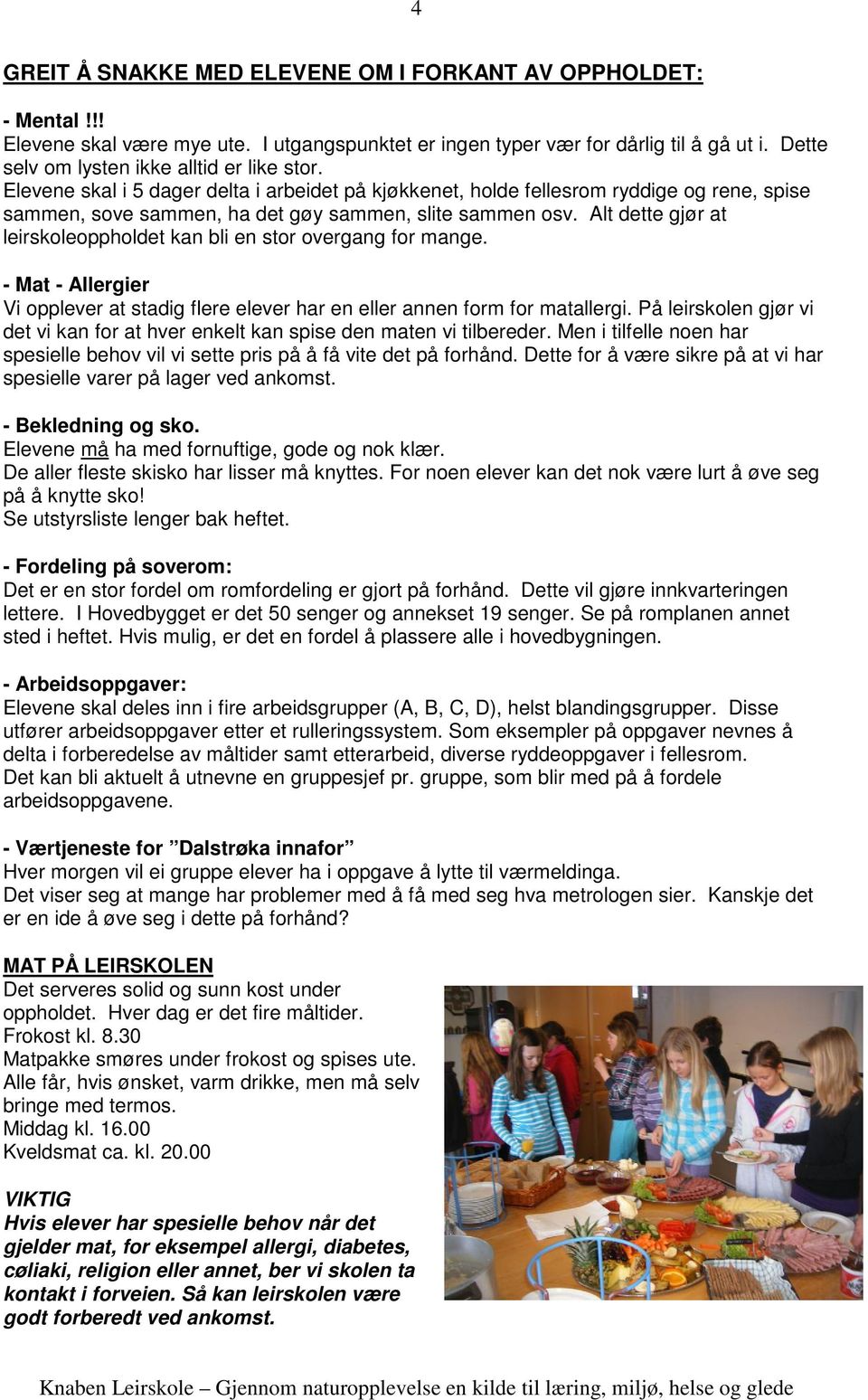 Alt dette gjør at leirskoleoppholdet kan bli en stor overgang for mange. - Mat - Allergier Vi opplever at stadig flere elever har en eller annen form for matallergi.