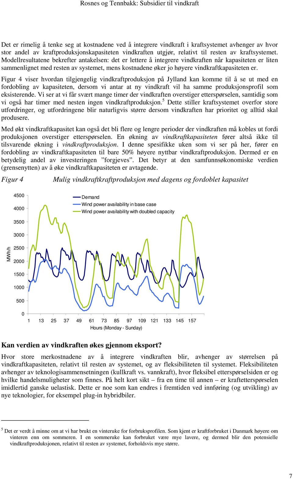 Figur 4 viser hvordan tilgjengelig vindkraftproduksjon på Jylland kan komme til å se ut med en fordobling av kapasiteten, dersom vi antar at ny vindkraft vil ha samme produksjonsprofil som