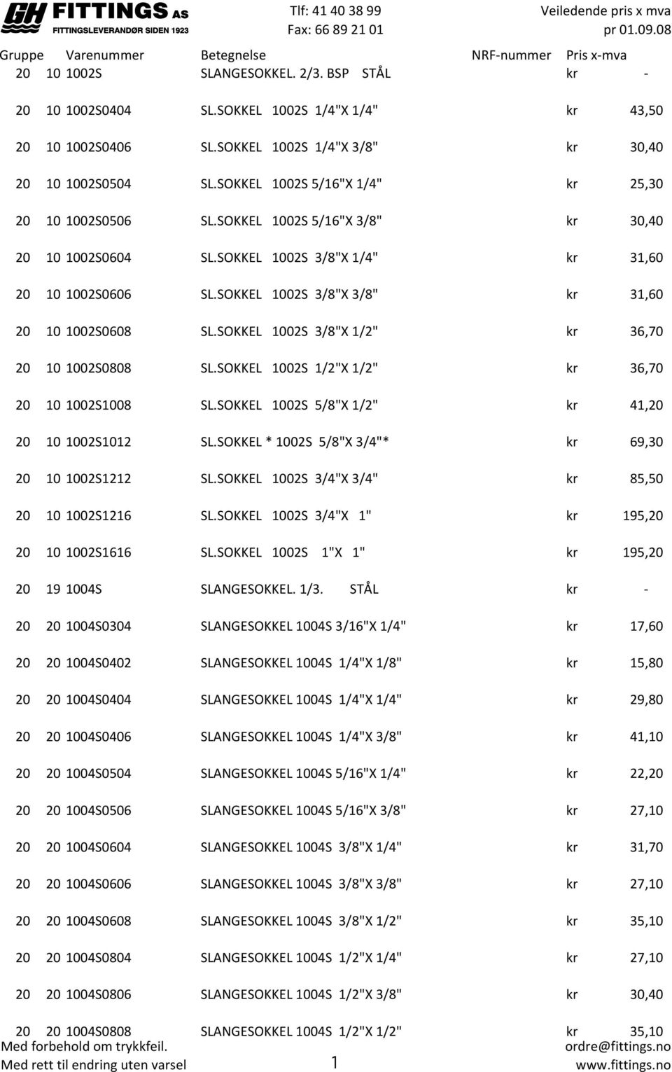 SOKKEL 1002S 3/8"X 3/8" kr 31,60 20 10 1002S0608 SL.SOKKEL 1002S 3/8"X 1/2" kr 36,70 20 10 1002S0808 SL.SOKKEL 1002S 1/2"X 1/2" kr 36,70 20 10 1002S1008 SL.