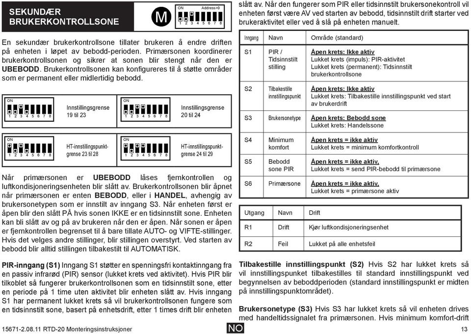 Innstillingsgrense 19 til 23 HT-innstillingspunktgrense 23 til 28 Innstillingsgrense 20 til 24 HT-innstillingspunktgrense 24 til 29 Når primærsonen er UBEBODD låses fjernkontrollen og