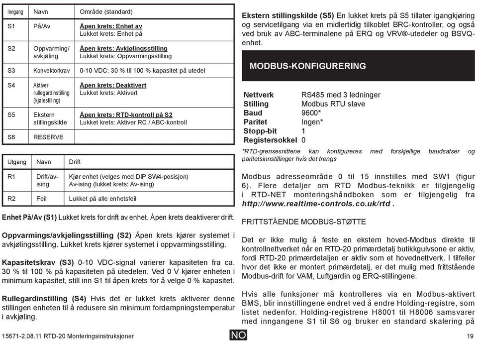 RTD-kontroll på S2 Lukket krets: Aktiver RC / ABC-kontroll Ekstern stillingskilde (S5) En lukket krets på S5 tillater igangkjøring og servicetilgang via en midlertidig tilkoblet BRC-kontroller, og