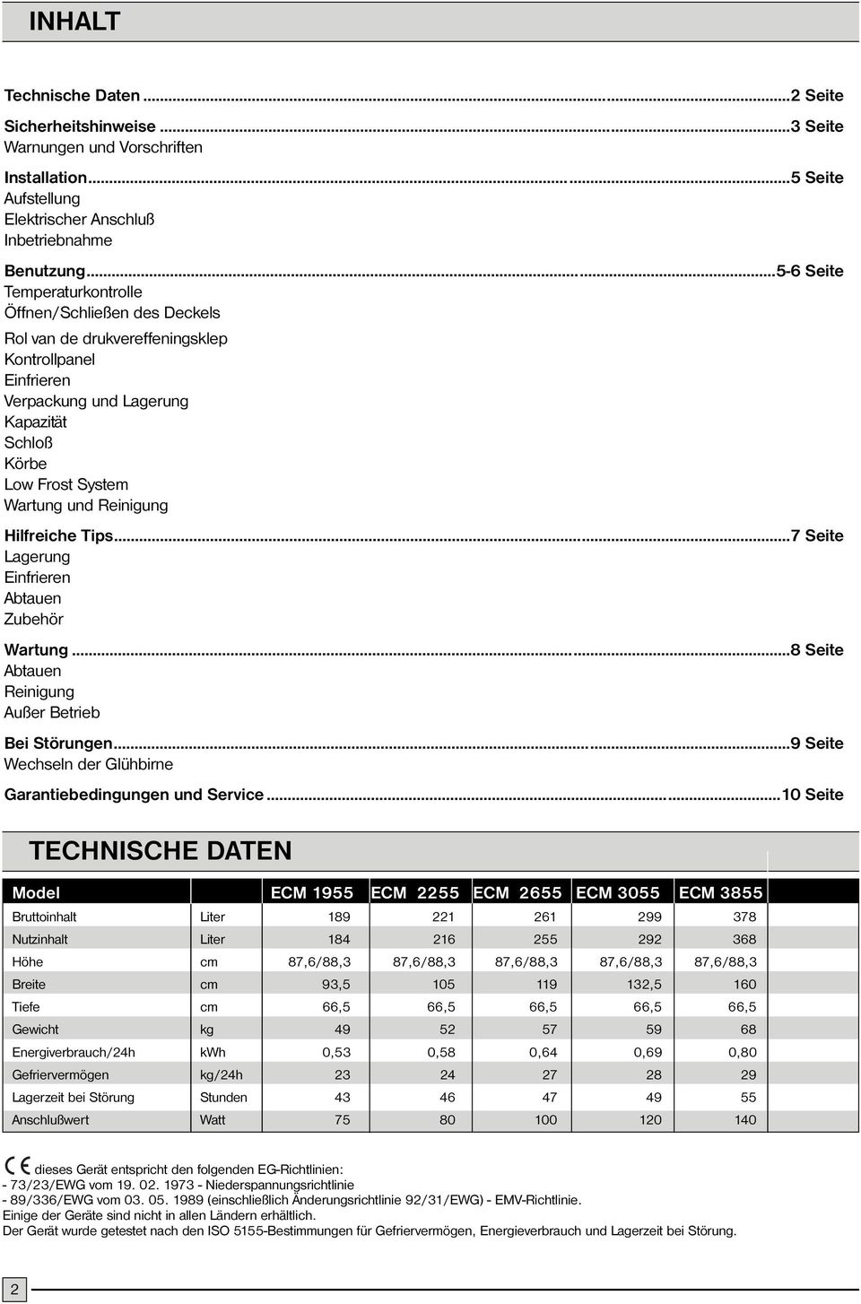 Reinigung Hilfreiche Tips...7 Seite Lagerung Einfrieren Abtauen Zubehör Wartung...8 Seite Abtauen Reinigung Außer Betrieb Bei Störungen...9 Seite Wechseln der Glühbirne Garantiebedingungen und Service.